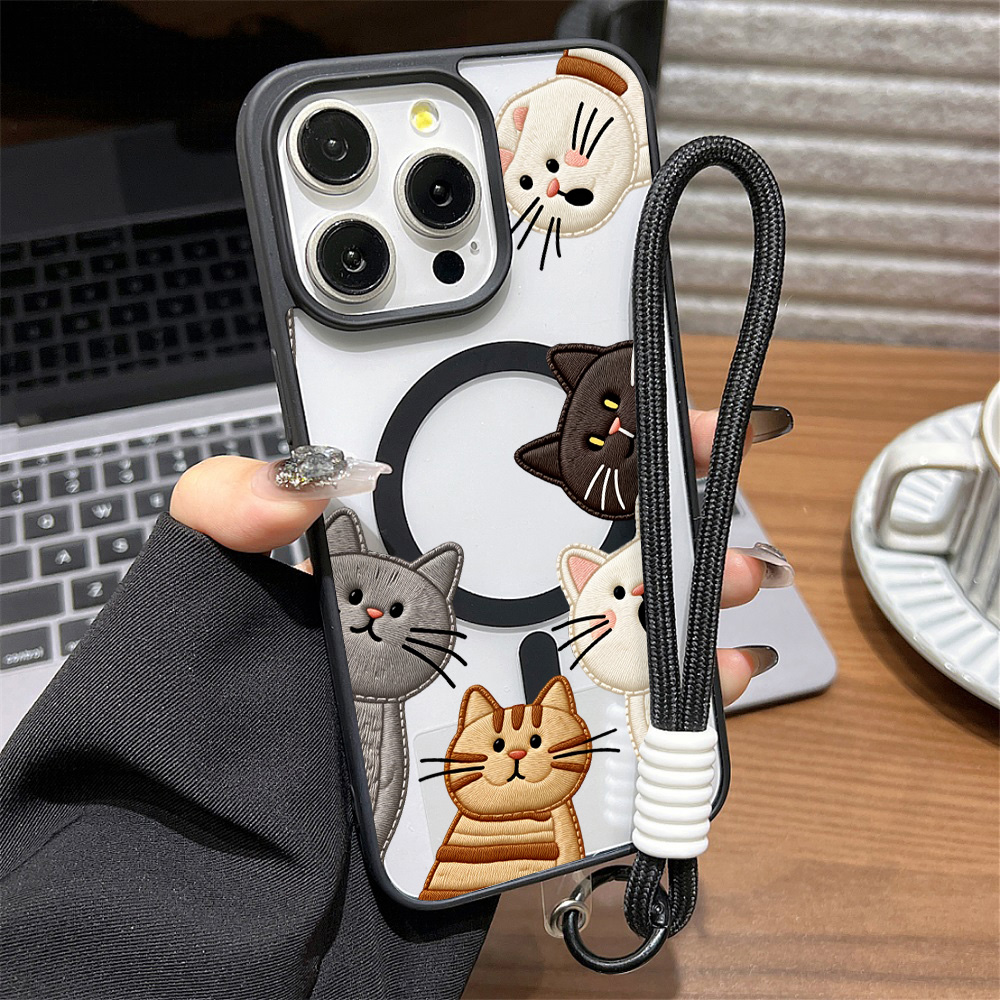 Apple Iphone 16 - Schattig nep-borduurwerk katten telefoonhoesje voor iPhone